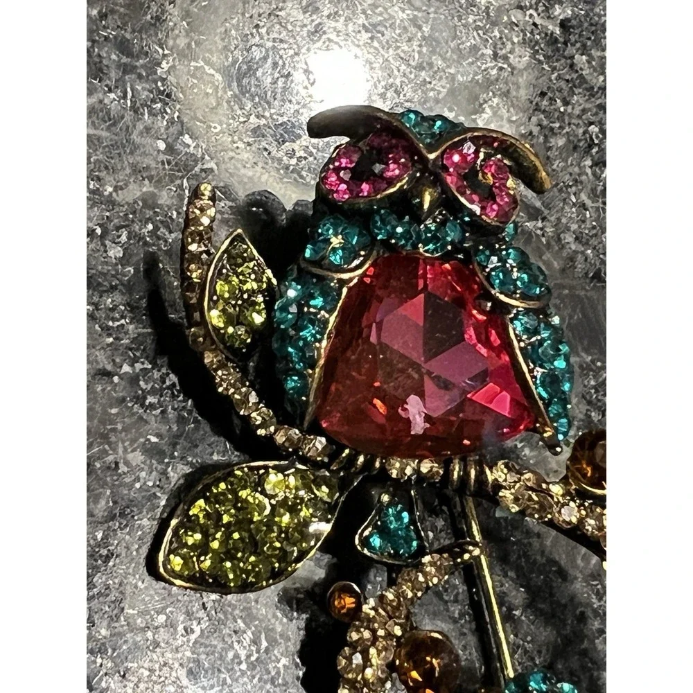 Vtg Owl Mommy Baby Brooch Rhinestones Lapel Bird Pin Whimsical Fashion Jewelry